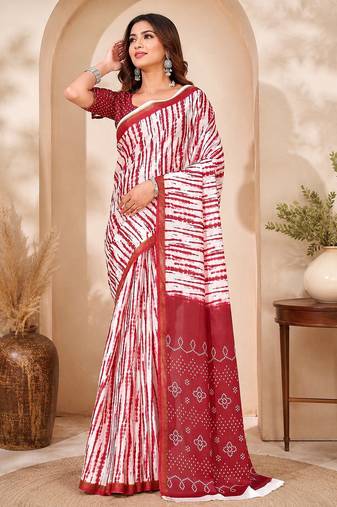 White & red linen leheriya digital print bollywood saree