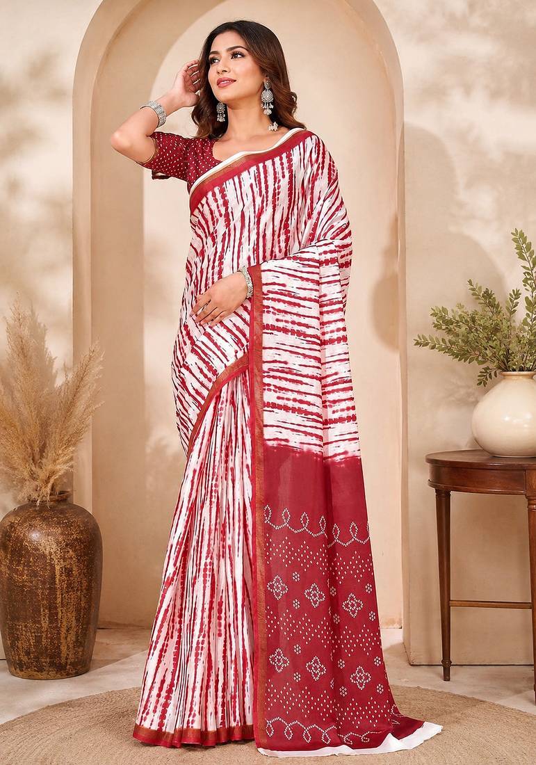 White & red linen leheriya digital print bollywood saree