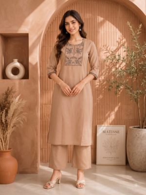 Women's new stylish trendy cream cotton silk embroidery work straight kurti with trousers 1