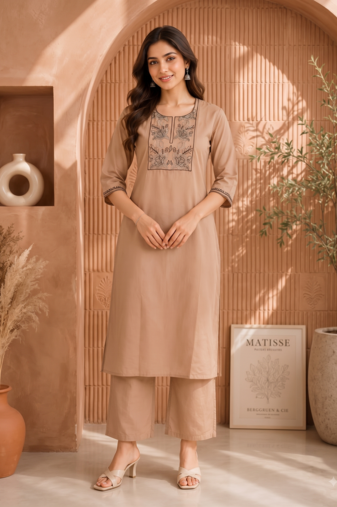 Women's new stylish trendy cream cotton silk embroidery work straight kurti with trousers
