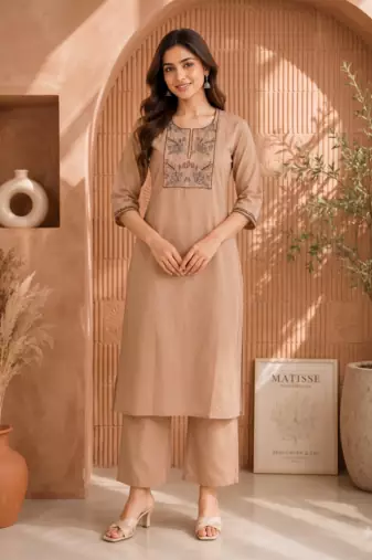 Women's new stylish trendy cream cotton silk embroidery work straight kurti with trousers