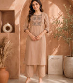 Women's new stylish trendy cream cotton silk embroidery work straight kurti with trousers