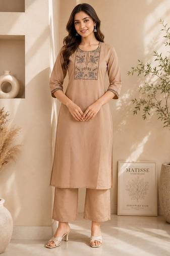 Women's new stylish trendy cream cotton silk embroidery work straight kurti with trousers