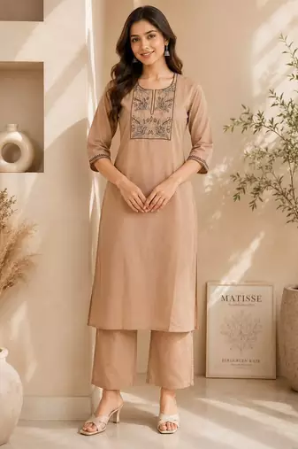 Women's new stylish trendy cream cotton silk embroidery work straight kurti with trousers