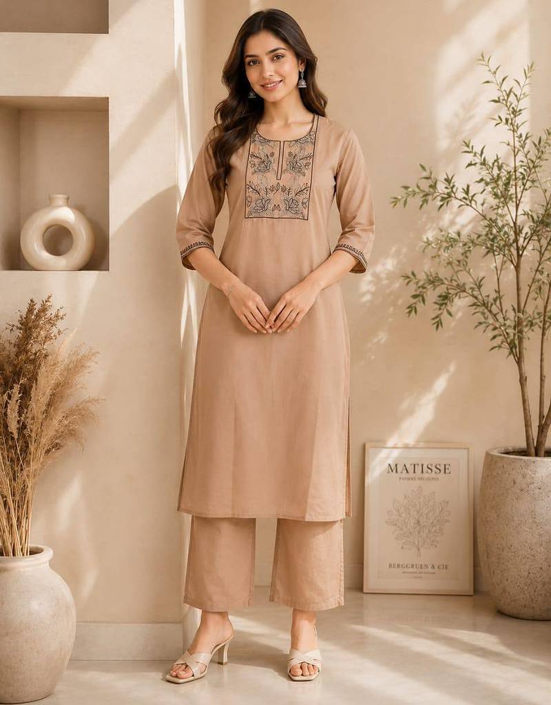 Women's new stylish trendy cream cotton silk embroidery work straight kurti with trousers