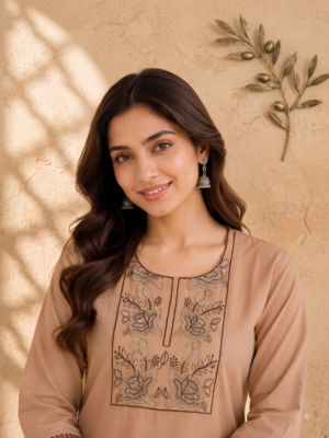 Women's new stylish trendy cream cotton silk embroidery work straight kurti with trousers 2