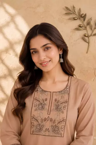 Women's new stylish trendy cream cotton silk embroidery work straight kurti with trousers