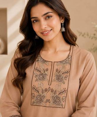 Women's new stylish trendy cream cotton silk embroidery work straight kurti with trousers 2