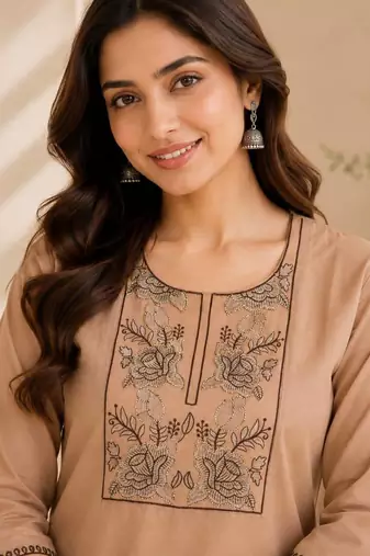 Women's new stylish trendy cream cotton silk embroidery work straight kurti with trousers