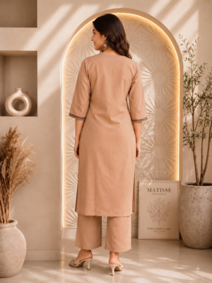 Women's new stylish trendy cream cotton silk embroidery work straight kurti with trousers 3