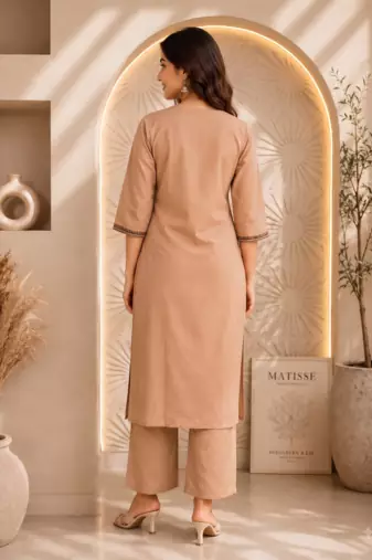 Women's new stylish trendy cream cotton silk embroidery work straight kurti with trousers