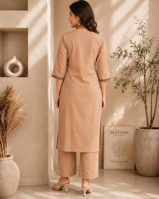 Women's new stylish trendy cream cotton silk embroidery work straight kurti with trousers 3