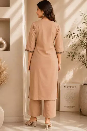 Women's new stylish trendy cream cotton silk embroidery work straight kurti with trousers
