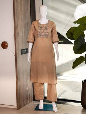 Women's new stylish trendy cream cotton silk embroidery work straight kurti with trousers 4