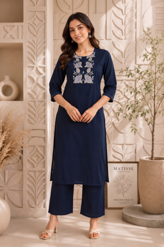 Women's new stylish trendy navy blue cotton silk embroidery work straight kurti with trousers