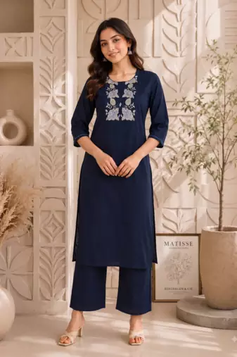 Women's new stylish trendy navy blue cotton silk embroidery work straight kurti with trousers