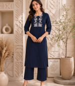Women's new stylish trendy navy blue cotton silk embroidery work straight kurti with trousers