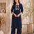 Women's new stylish trendy navy blue cotton silk embroidery work straight kurti with trousers