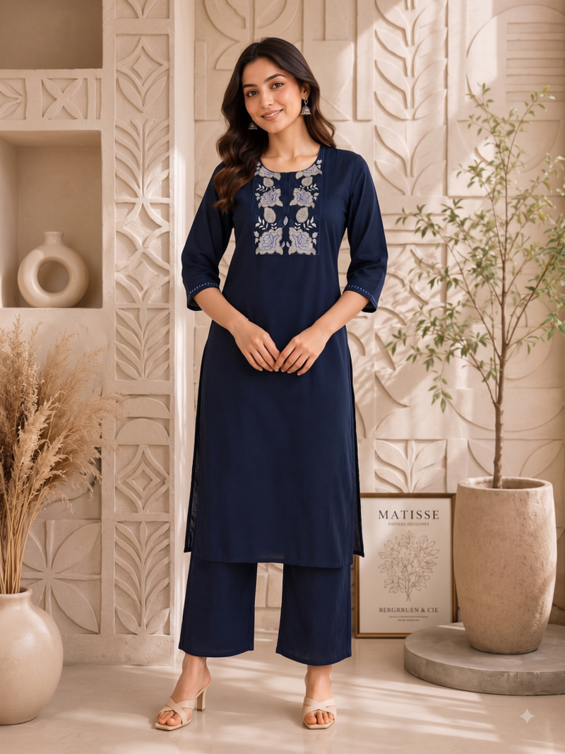 Women's new stylish trendy navy blue cotton silk embroidery work straight kurti with trousers