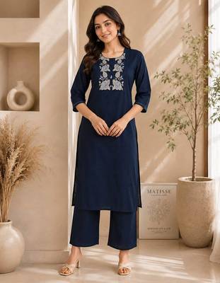 Women's new stylish trendy navy blue cotton silk embroidery work straight kurti with trousers 1