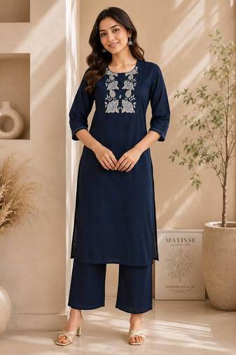 Women's new stylish trendy navy blue cotton silk embroidery work straight kurti with trousers
