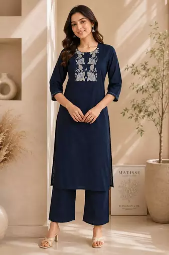 Women's new stylish trendy navy blue cotton silk embroidery work straight kurti with trousers