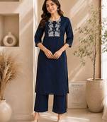 Women's new stylish trendy navy blue cotton silk embroidery work straight kurti with trousers