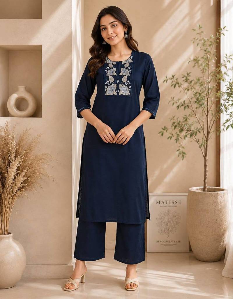 Women's new stylish trendy navy blue cotton silk embroidery work straight kurti with trousers