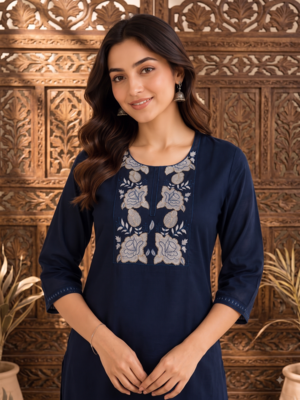 Women's new stylish trendy navy blue cotton silk embroidery work straight kurti with trousers 2