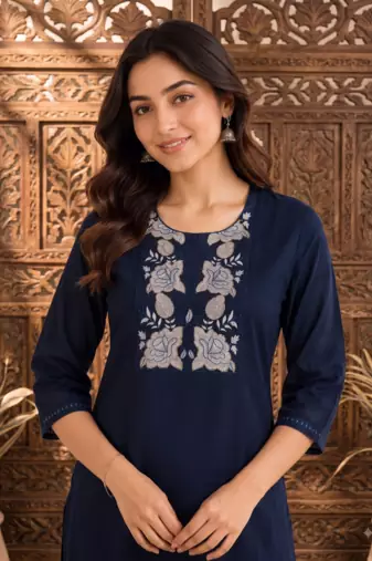 Women's new stylish trendy navy blue cotton silk embroidery work straight kurti with trousers