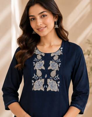 Women's new stylish trendy navy blue cotton silk embroidery work straight kurti with trousers 2