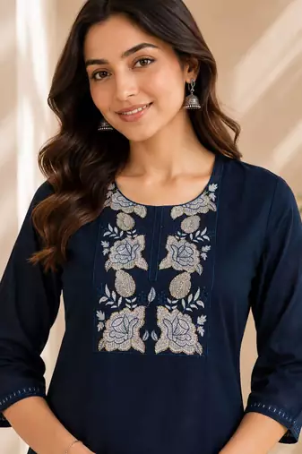 Women's new stylish trendy navy blue cotton silk embroidery work straight kurti with trousers