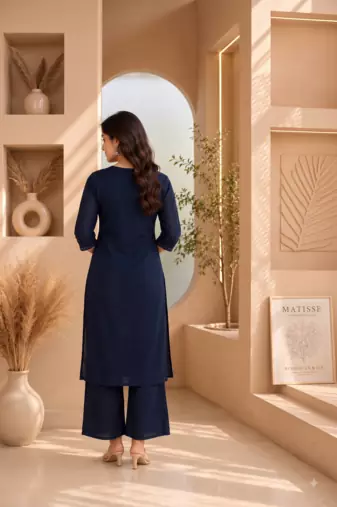 Women's new stylish trendy navy blue cotton silk embroidery work straight kurti with trousers