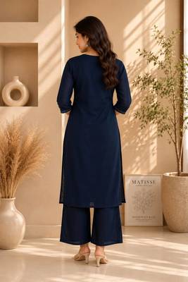 Women's new stylish trendy navy blue cotton silk embroidery work straight kurti with trousers 3