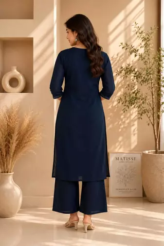 Women's new stylish trendy navy blue cotton silk embroidery work straight kurti with trousers