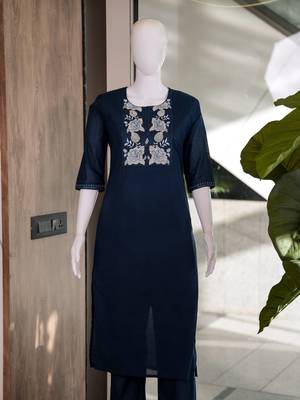 Women's new stylish trendy navy blue cotton silk embroidery work straight kurti with trousers 4