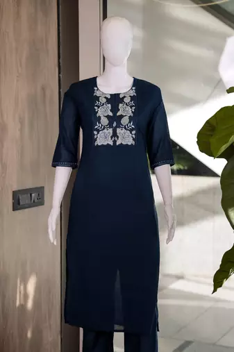 Women's new stylish trendy navy blue cotton silk embroidery work straight kurti with trousers