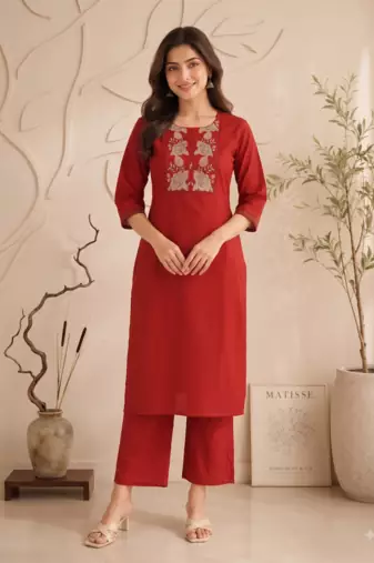 Women's new stylish trendy red cotton silk embroidery work straight kurti with trousers