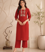 Women's new stylish trendy red cotton silk embroidery work straight kurti with trousers