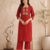 Women's new stylish trendy red cotton silk embroidery work straight kurti with trousers