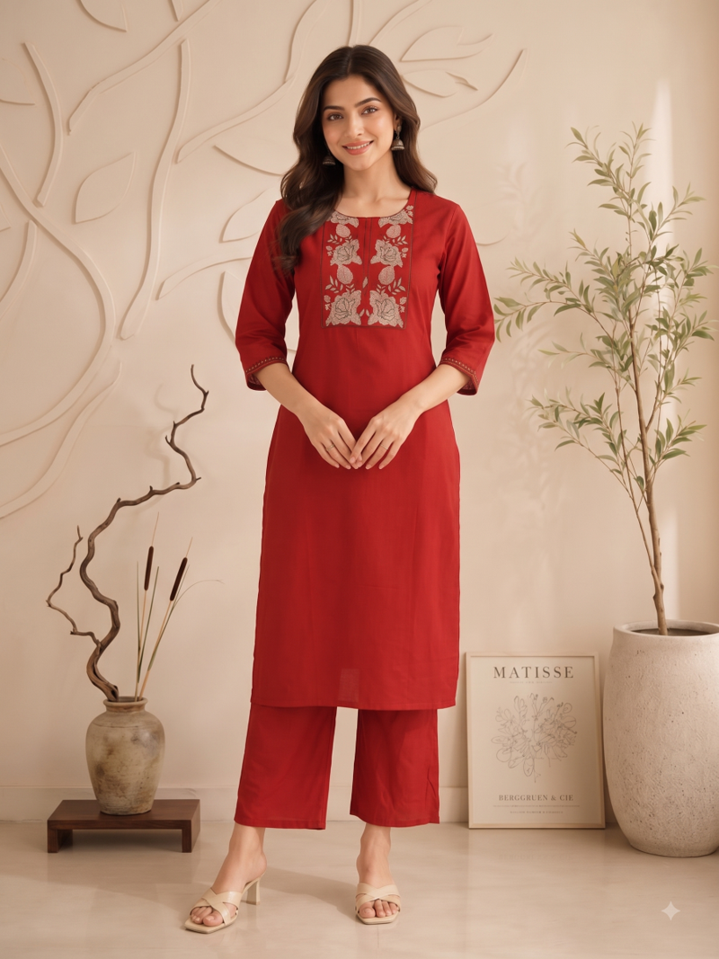 Women's new stylish trendy red cotton silk embroidery work straight kurti with trousers