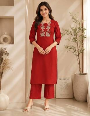 Women's new stylish trendy red cotton silk embroidery work straight kurti with trousers 1