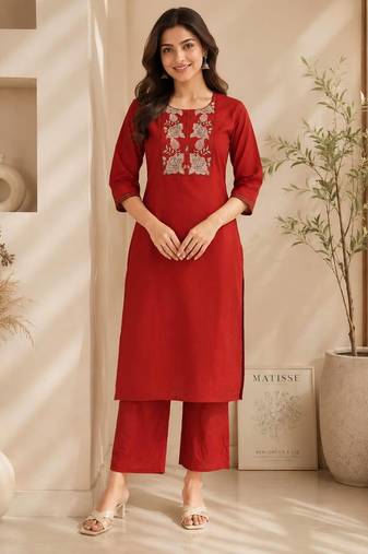 Women's new stylish trendy red cotton silk embroidery work straight kurti with trousers
