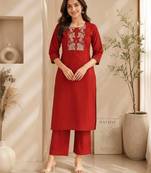 Women's new stylish trendy red cotton silk embroidery work straight kurti with trousers