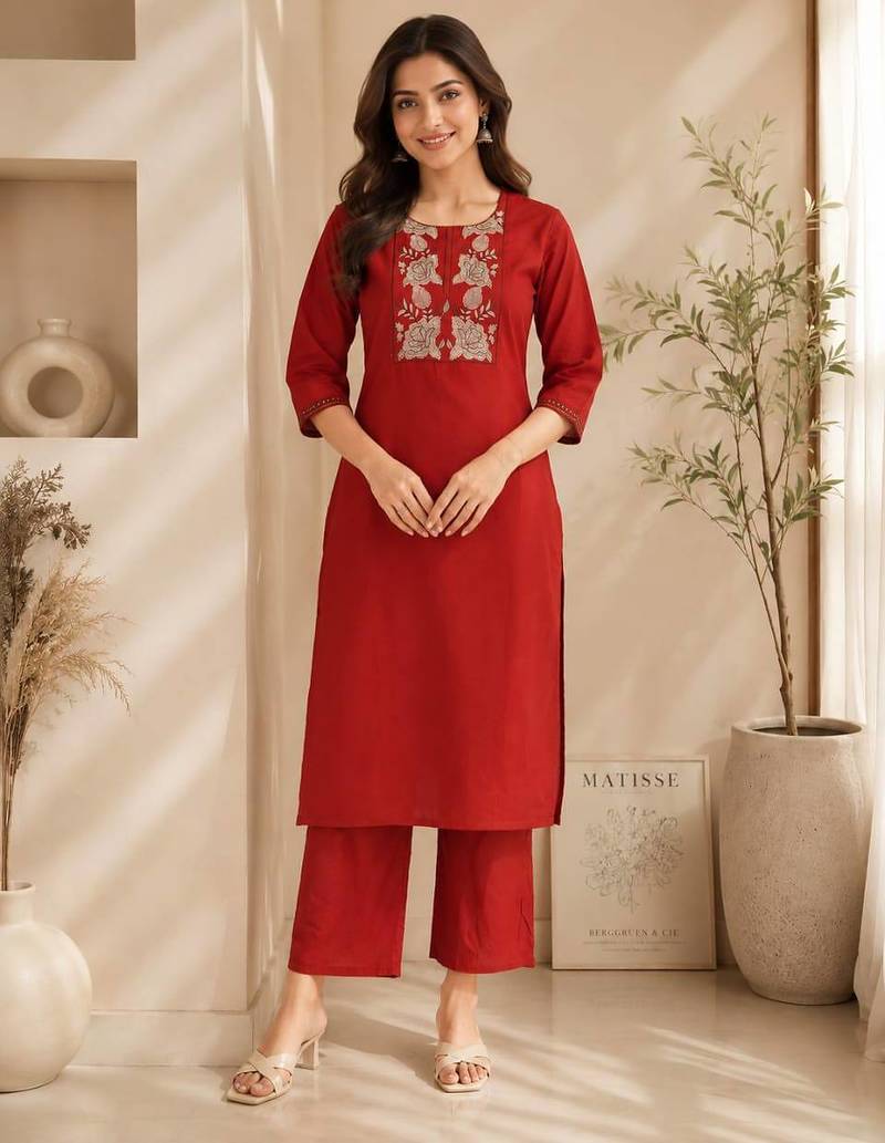 Women's new stylish trendy red cotton silk embroidery work straight kurti with trousers