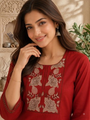Women's new stylish trendy red cotton silk embroidery work straight kurti with trousers 2