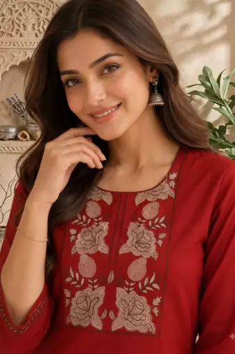 Women's new stylish trendy red cotton silk embroidery work straight kurti with trousers