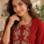Women's new stylish trendy red cotton silk embroidery work straight kurti with trousers
