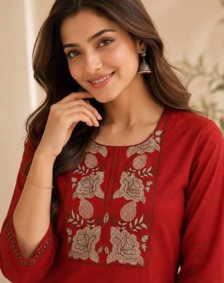 Women's new stylish trendy red cotton silk embroidery work straight kurti with trousers 2