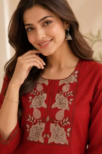 Women's new stylish trendy red cotton silk embroidery work straight kurti with trousers